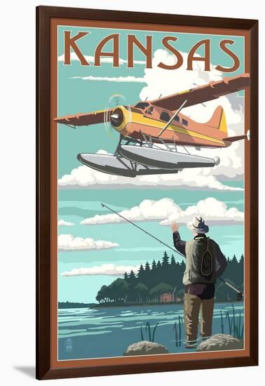 Kansas - Float Plane and Fisherman-Lantern Press-Framed Art Print