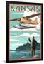 Kansas - Float Plane and Fisherman-Lantern Press-Framed Art Print