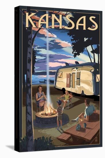 Kansas - Retro Camper and Lake-Lantern Press-Stretched Canvas