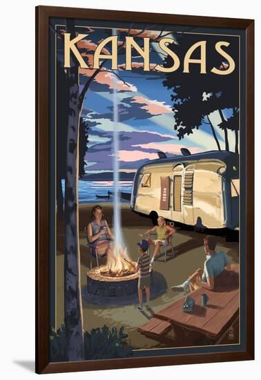Kansas - Retro Camper and Lake-Lantern Press-Framed Art Print