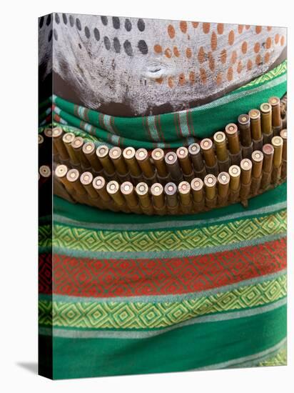 Karo Tribesman Wearing a Belt of Bullets, Lower Omo Valley, Ethiopia-Gavin Hellier-Stretched Canvas