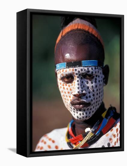 Karo Warrior in Traditional Body Paint, Ethiopia-Janis Miglavs-Framed Stretched Canvas