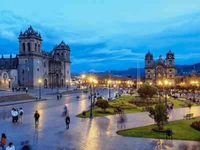 Main Square at twilight, Old Town, UNESCO World Heritage Site, Cusco, Peru, South America