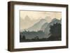 Karst formations and bamboo trees silhouetted in morning mist, Li River at sunrise, near Xingping, -Adam Jones-Framed Photographic Print