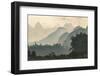 Karst formations and bamboo trees silhouetted in morning mist, Li River at sunrise, near Xingping, -Adam Jones-Framed Photographic Print