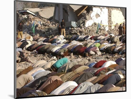 Kashmiri Eartquake Survivors Pray Amid the Debris of a Destroyed Building During the Eid Al-Fitr-null-Mounted Photographic Print