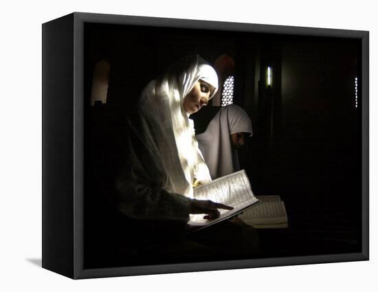 Kashmiri Muslim Girls Read the Holy Quran at Jamia Masjid in Downtown Area of Srinagar, India-null-Framed Stretched Canvas