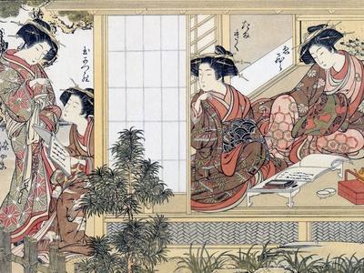 Japanese Women Reading and Writing (Colour Woodblock Print)