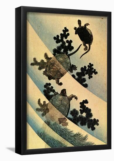 Katsushika Hokusai Turtles Swimming Art Poster Print-null-Framed Poster