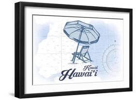 Kauai, Hawaii - Beach Chair and Umbrella - Blue - Coastal Icon-Lantern Press-Framed Art Print