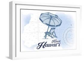 Kauai, Hawaii - Beach Chair and Umbrella - Blue - Coastal Icon-Lantern Press-Framed Art Print