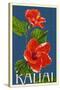 Kauai, Hawaii - Red Hibiscus - Letterpress-Lantern Press-Stretched Canvas