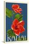 Kauai, Hawaii - Red Hibiscus - Letterpress-Lantern Press-Stretched Canvas