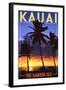 Kauai, Hawaii - the Garden Isle - Palms and Sunset-Lantern Press-Framed Art Print