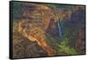 Kauai, Hawaii. Waimea Canyon State Park red cliffs from above canyon with waterfall-Bill Bachmann-Framed Stretched Canvas