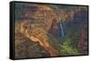 Kauai, Hawaii. Waimea Canyon State Park red cliffs from above canyon with waterfall-Bill Bachmann-Framed Stretched Canvas
