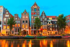 Night City View of Amsterdam Canal with Dutch Houses-kavalenkava volha-Photographic Print