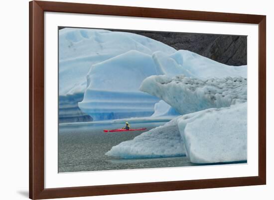 Kayaker exploring Grey Lake amid icebergs, Torres del Paine National Park, Chile, Patagonia-Adam Jones-Framed Premium Photographic Print