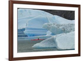 Kayaker exploring Grey Lake amid icebergs, Torres del Paine National Park, Chile, Patagonia-Adam Jones-Framed Premium Photographic Print