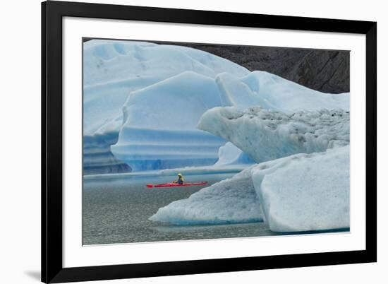 Kayaker exploring Grey Lake amid icebergs, Torres del Paine National Park, Chile, Patagonia-Adam Jones-Framed Premium Photographic Print