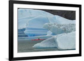 Kayaker exploring Grey Lake amid icebergs, Torres del Paine National Park, Chile, Patagonia-Adam Jones-Framed Premium Photographic Print