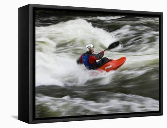 Kayaker Plays in a Hole in Tariffville Gorge, Farmington River in Tariffville, Connecticut, USA-Jerry & Marcy Monkman-Framed Stretched Canvas