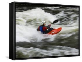 Kayaker Plays in a Hole in Tariffville Gorge, Farmington River in Tariffville, Connecticut, USA-Jerry & Marcy Monkman-Framed Stretched Canvas