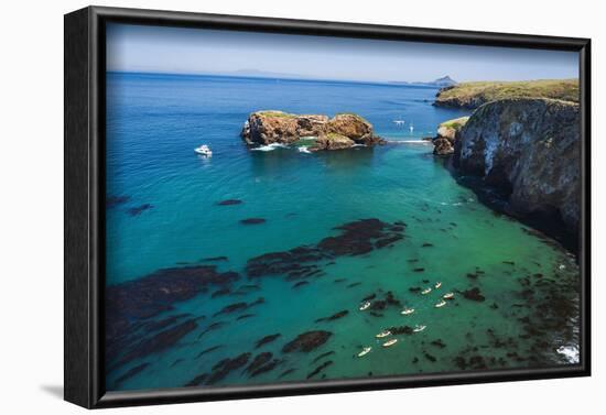 Kayaks and sailboats at Scorpion Cove, Santa Cruz Island, Channel Islands NP, California, USA.-Russ Bishop-Framed Photographic Print