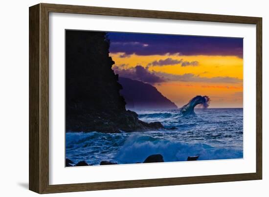 Ke'e Kurve-Wave breaking off Ke'e Beach, on the Na Pali coast of Kauai, Hawaii-Mark A Johnson-Framed Photographic Print