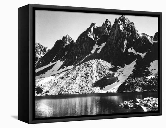 "Kearsarge Pinnacles," Partially Snow-Covered Rocky Formations Along the Edge of the River-Ansel Adams-Framed Stretched Canvas