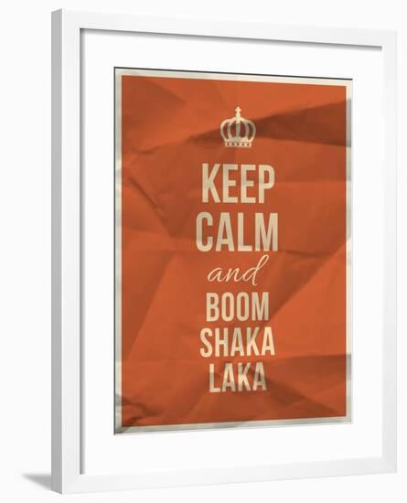 Keep Calm Boom Shaka Laka Quote on Crumpled Paper Texture-ONiONAstudio-Framed Art Print