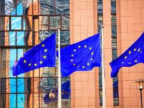 Belgium, Brussels; Three Flags Carrying the European Union Emblem in Front of the E;U Headquarters-Ken Sciclina-Photographic Print