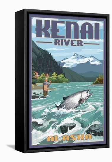 Kenai River, Alaska - Salmon Fisherman-Lantern Press-Framed Stretched Canvas