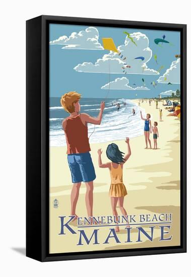 Kennebunk Beach, Maine - Kite Flyers-Lantern Press-Framed Stretched Canvas