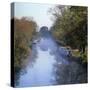 Kennet and Avon Canal in Mist, Great Bedwyn, Wiltshire, England, United Kingdom, Europe-Stuart Black-Stretched Canvas