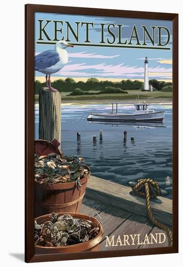 Kent Island, Maryland - Blue Crab and Oysters on Dock-Lantern Press-Framed Art Print