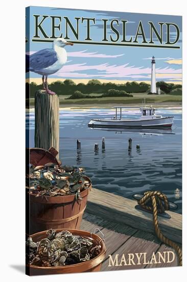 Kent Island, Maryland - Blue Crab and Oysters on Dock-Lantern Press-Stretched Canvas