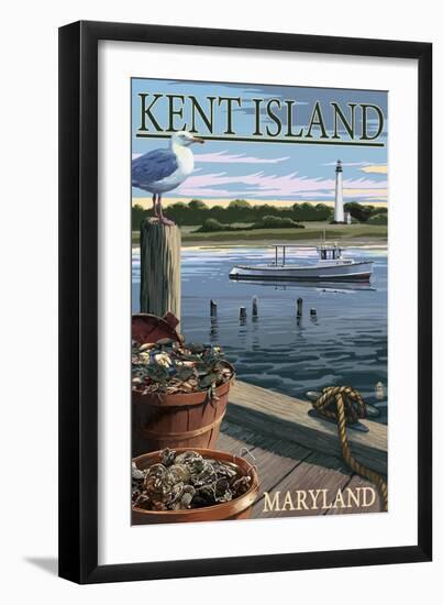 Kent Island, Maryland - Blue Crab and Oysters on Dock-Lantern Press-Framed Art Print