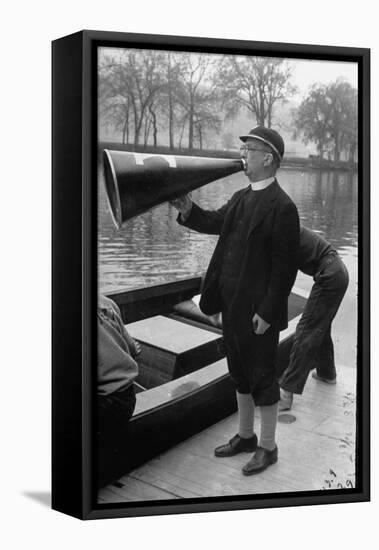 Kent School Headmaster Father Sill Yelling Through Megaphone to Crew Team-Peter Stackpole-Framed Stretched Canvas