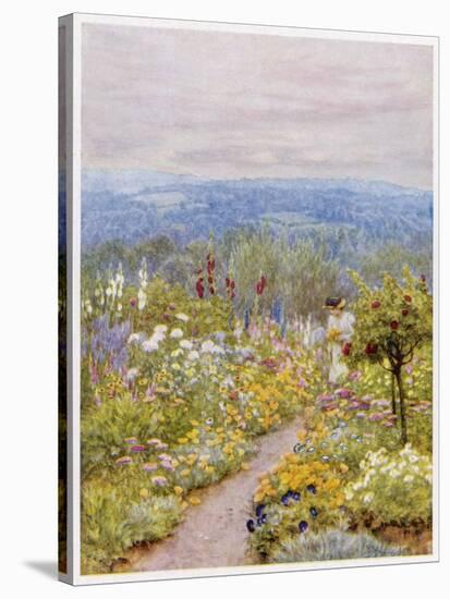 Kentish Garden, a Woman Picks Flowers from Large Herbaceous Borders in a Typical English Garden-null-Stretched Canvas