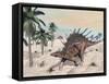 Kentrosaurus Dinosaurs Walking in the Desert Among Palm Trees-null-Framed Stretched Canvas