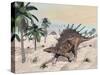 Kentrosaurus Dinosaurs Walking in the Desert Among Palm Trees-null-Stretched Canvas