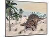 Kentrosaurus Dinosaurs Walking in the Desert Among Palm Trees-null-Mounted Art Print