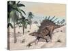 Kentrosaurus Dinosaurs Walking in the Desert Among Palm Trees-null-Stretched Canvas