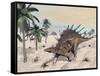 Kentrosaurus Dinosaurs Walking in the Desert Among Palm Trees-null-Framed Stretched Canvas