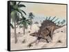 Kentrosaurus Dinosaurs Walking in the Desert Among Palm Trees-null-Framed Stretched Canvas