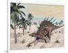 Kentrosaurus Dinosaurs Walking in the Desert Among Palm Trees-null-Framed Art Print