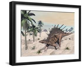 Kentrosaurus Dinosaurs Walking in the Desert Among Palm Trees-null-Framed Art Print