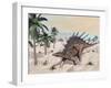 Kentrosaurus Dinosaurs Walking in the Desert Among Palm Trees-null-Framed Art Print