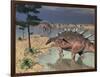 Kentrosaurus Dinosaurs Walking in the Water Next to Sand and Trees-null-Framed Art Print